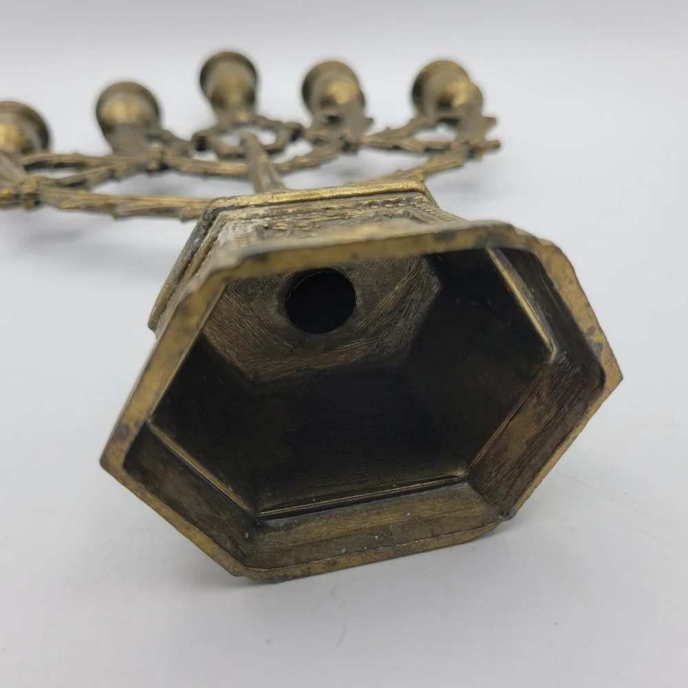 Vintage Brass‎ Menorah Candlestick Holder Ornate Octagon Base 5 Candle